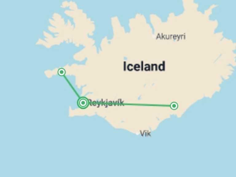 Map itinerary of Reykjavik Tour in Fall with 3 destination visits for the trip: Iceland Northern Lights Experience 4D/3N