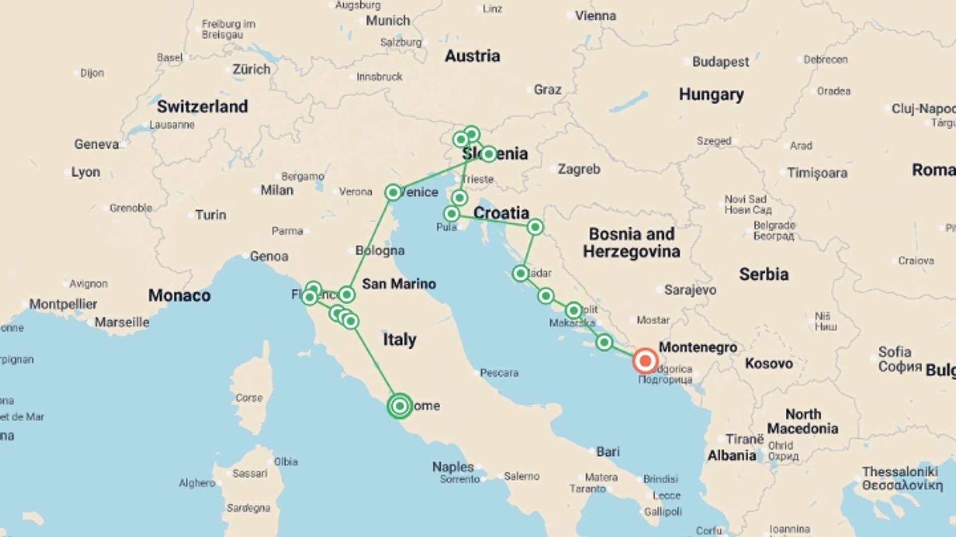 A map showing the tour itinerary for the trip: Premium Rome to Dubrovnik, starting in Rome, Italy and ending in Dubrovnik, Croatia going through 6 other destinations.