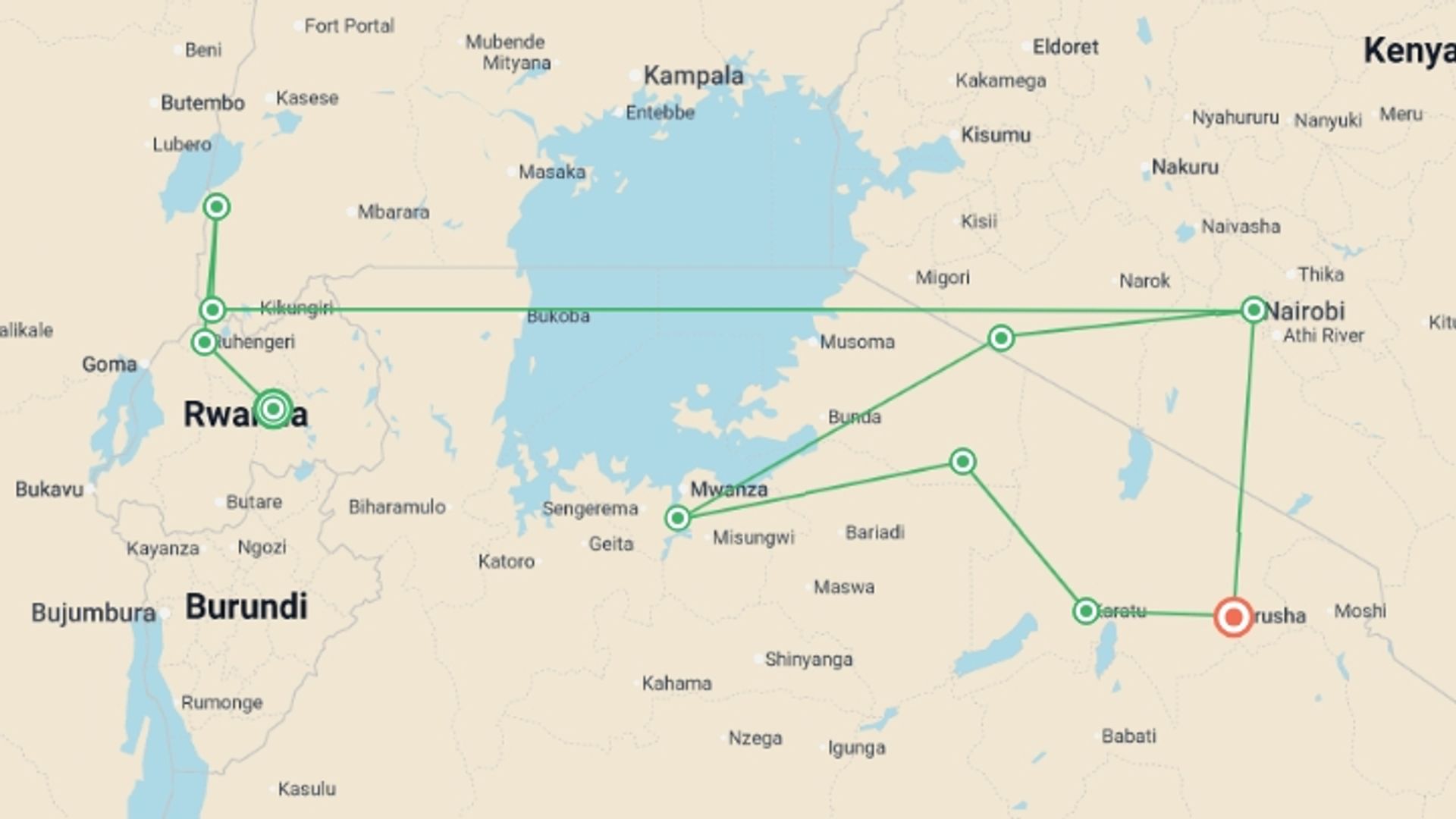 A map showing the tour itinerary for the trip: Gorillas & East Africa Safari, starting in Kigali, Rwanda and ending in Arusha, Tanzania going through 8 other destinations.
