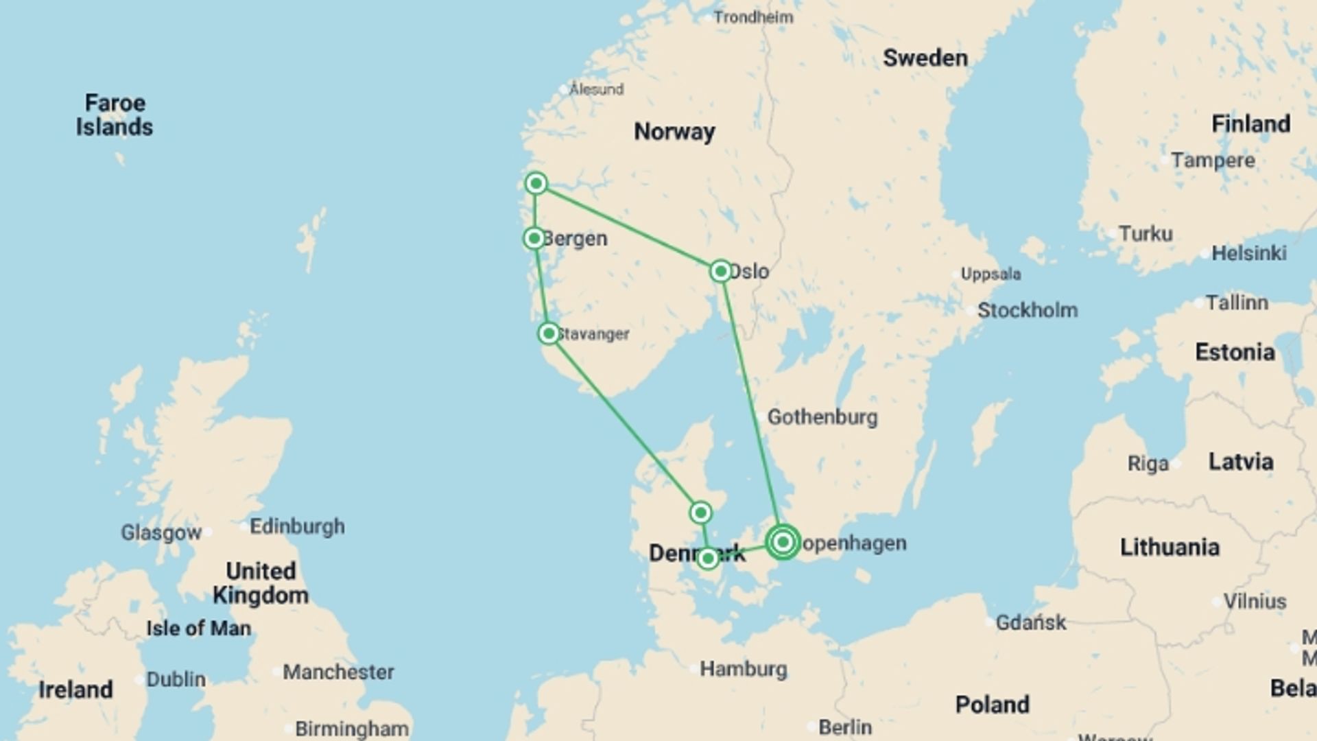 A map showing the tour itinerary for the trip: Solo Lite Delightful Denmark, starting in Copenhagen, Denmark and ending in Copenhagen, Denmark going through 4 other destinations.