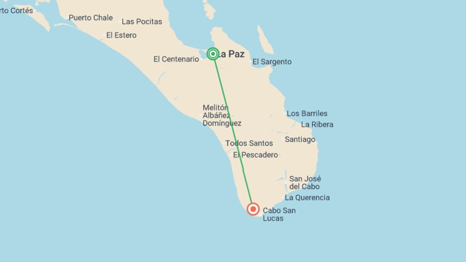 A map showing the tour itinerary for the trip: Baja's Ocean Giants: From La Paz to Los Cabos Quest 7D/6N, starting in La Paz, Mexico and ending in Los Cabos, Mexico going through 1 other destinations.
