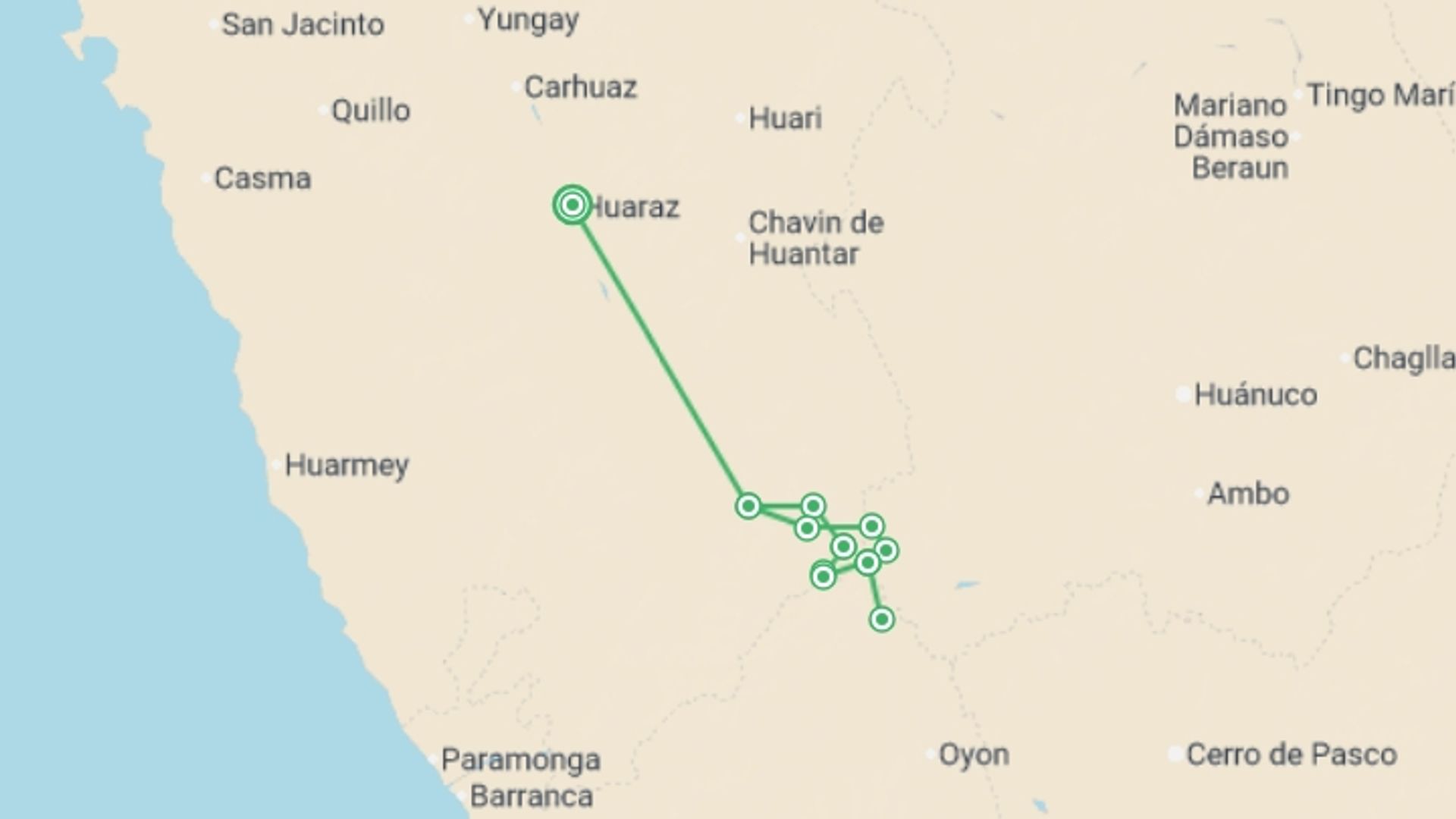 A map showing the tour itinerary for the trip: Huayhuash Full Trekking Experience 12D/11N, starting in Huaraz, Peru and ending in Huaraz, Argentina going through 8 other destinations.