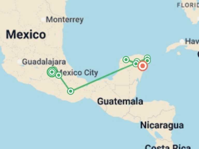 Map itinerary of Mexico Tour in December 2026 with 8 destination visits for the trip: Premium Mexico in Depth