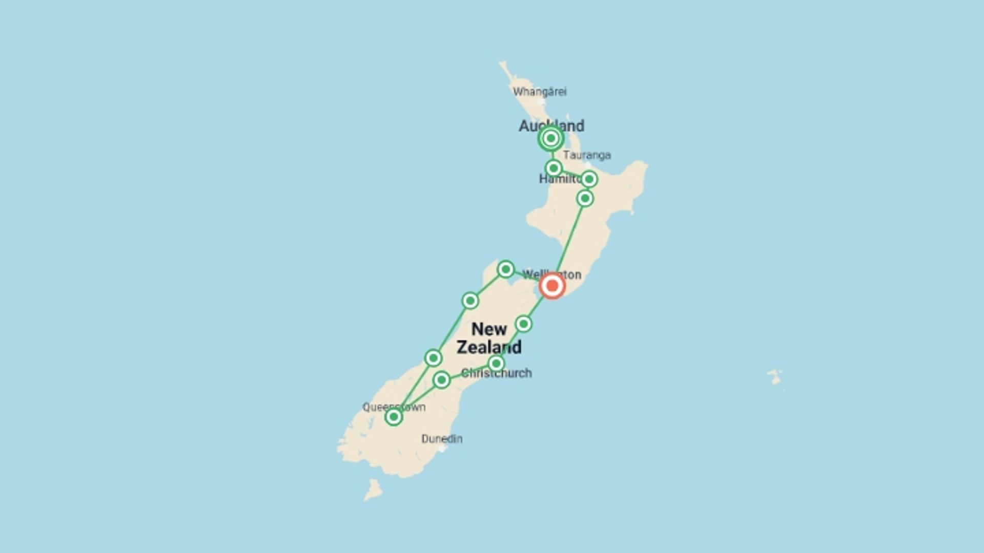 A map showing the tour itinerary for the trip: Best of New Zealand: Mountain Biking & Black-Sand Beaches, starting in Auckland, New Zealand and ending in Wellington, New Zealand going through 10 other destinations.