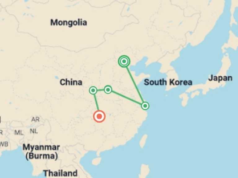 Map of 11-Day China Tour with 5 destination visits for the trip: Authentic China and Avatar Dreams