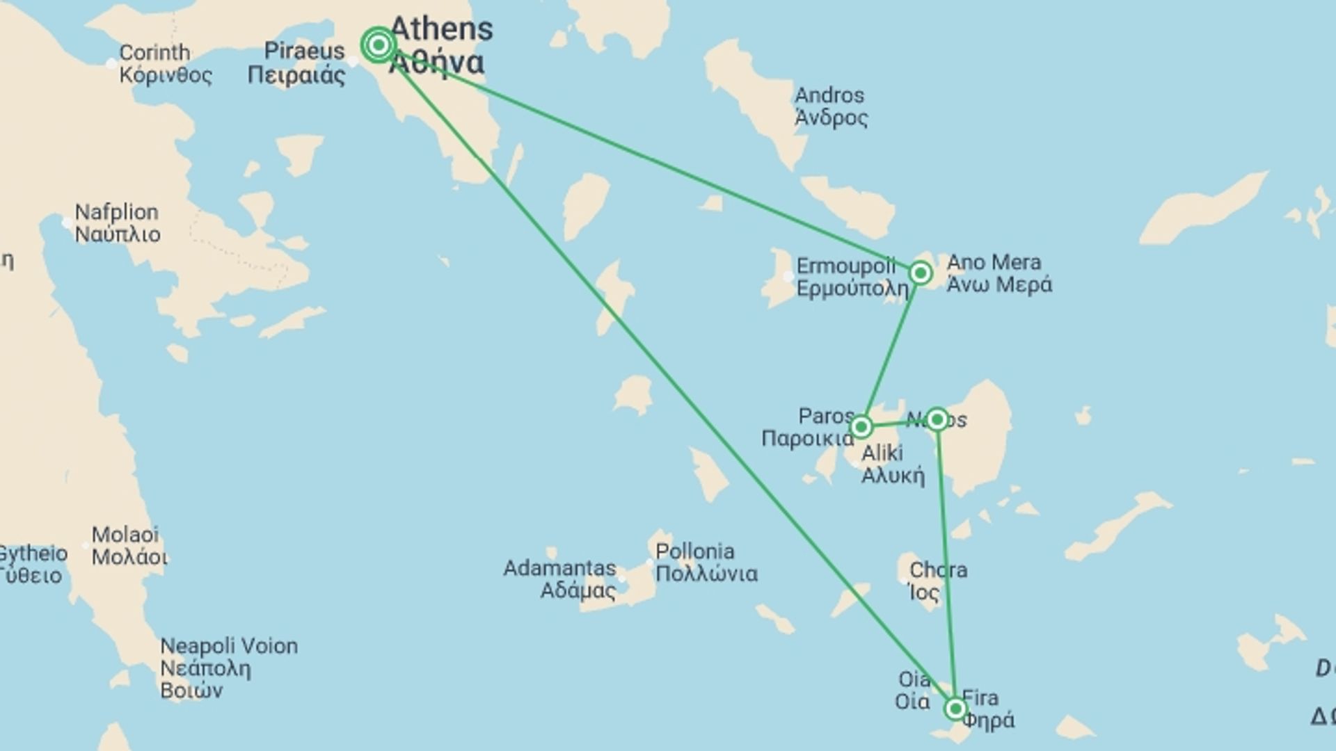 A map showing the tour itinerary for the trip: Aegean Greece: Athens, Mykonos, Paros, Naxos & Santorini, starting in Athens, Greece and ending in Athens International Airport "Eleftherios Venizelos", Greece going through 4 other destinations.
