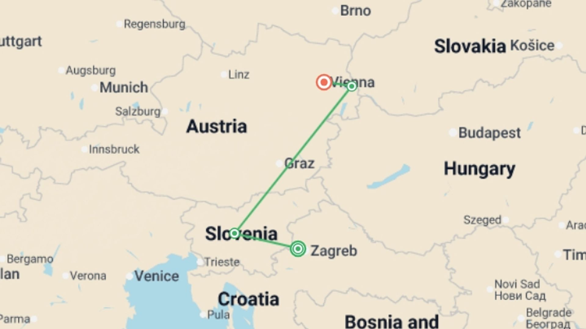 A map showing the tour itinerary for the trip: Christmas Markets of Croatia, Slovenia and Austria, starting in Zagreb, Croatia and ending in Vienna, Austria going through 2 other destinations.