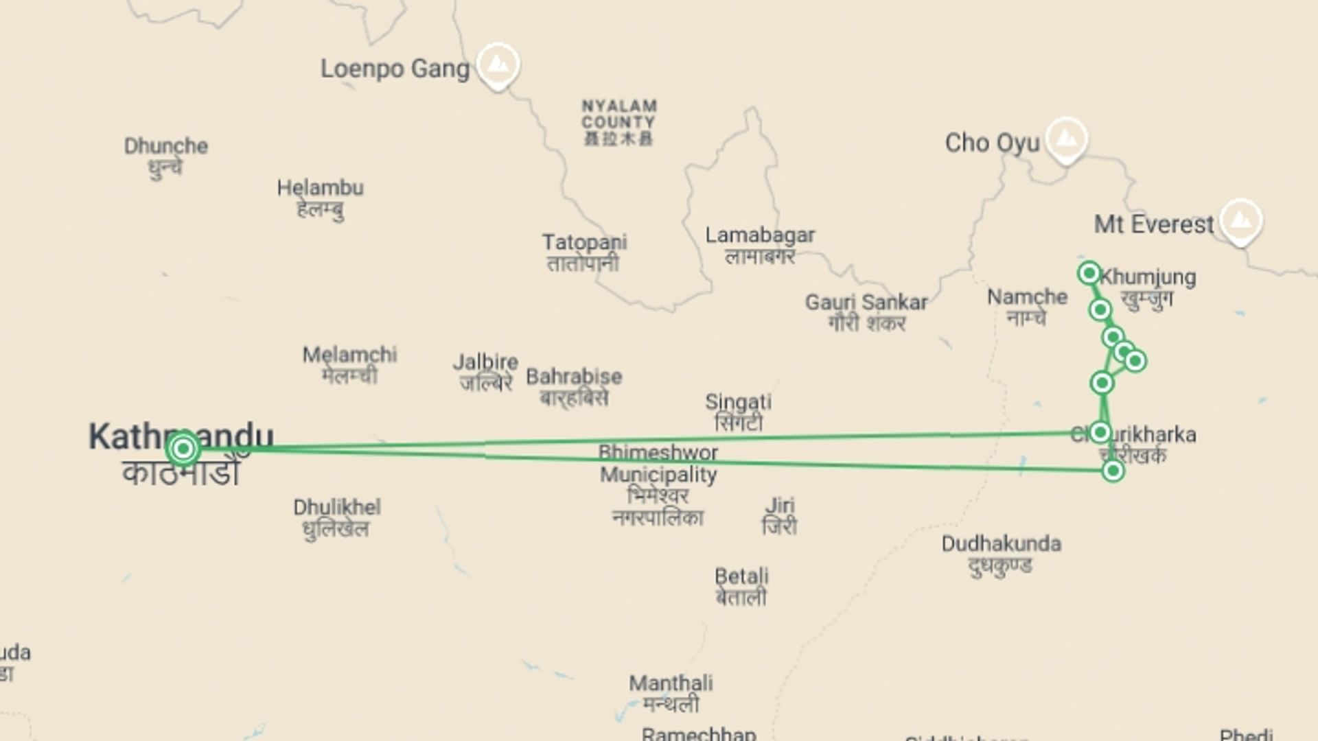 A map showing the tour itinerary for the trip: Everest Gokyo Lake Trek, starting in Kathmandu, Nepal and ending in Kathmandu, Nepal going through 9 other destinations.