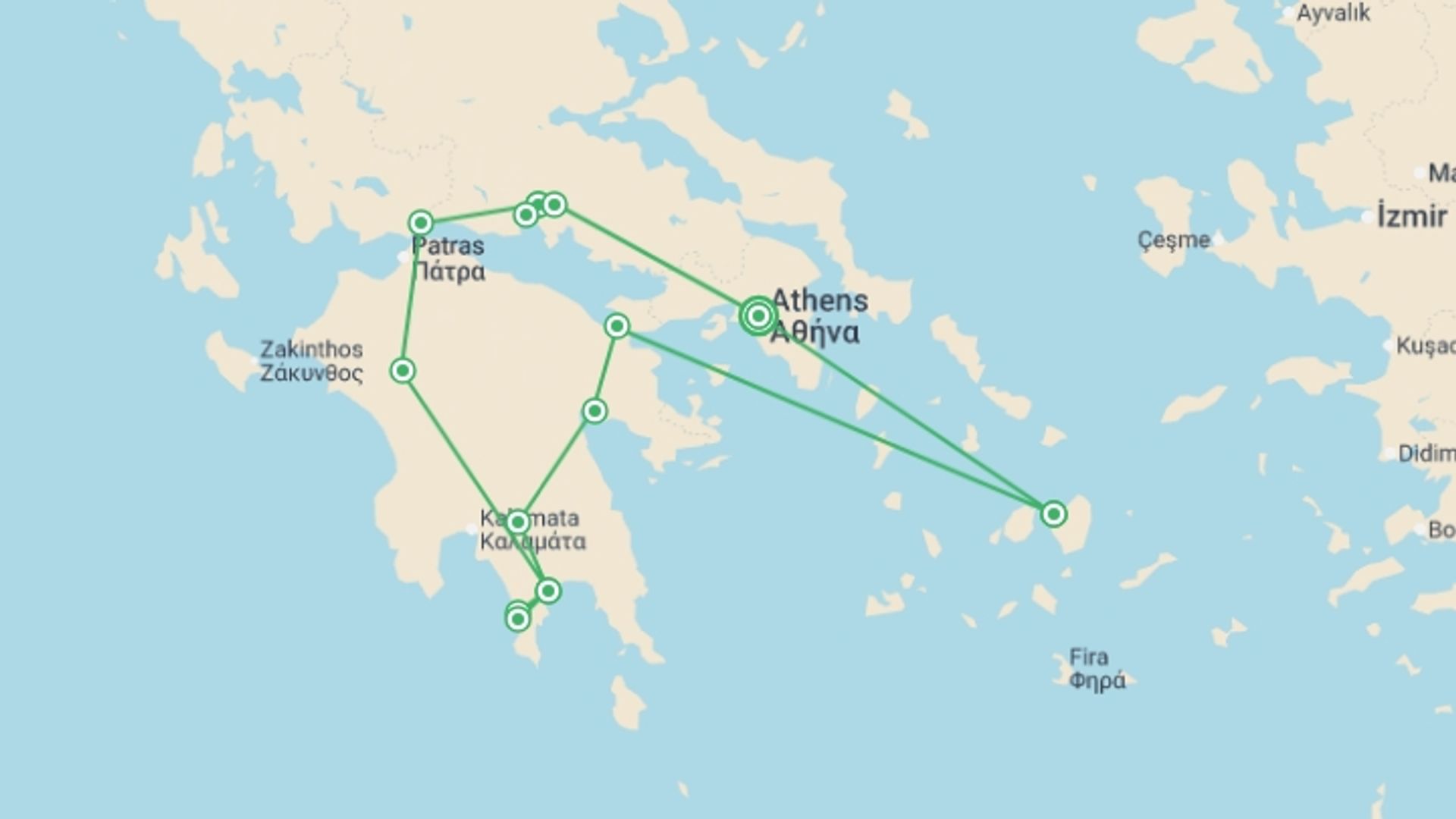 A map showing the tour itinerary for the trip: Greece: Legends and Landscapes, starting in Athens, Greece and ending in Athens, Greece going through 5 other destinations.
