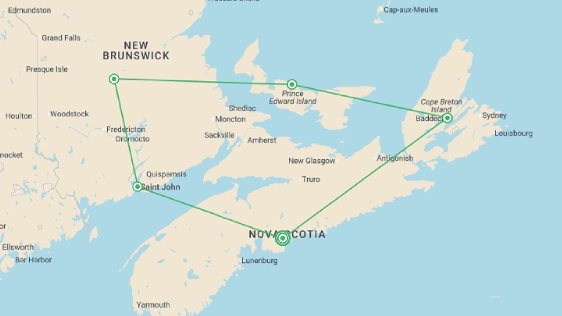 A map showing the tour itinerary for the trip: Canadian Maritimes and Coastal Wonders featuring the Cabot Trail, starting in Halifax, Canada and ending in Halifax, Canada going through 4 other destinations.