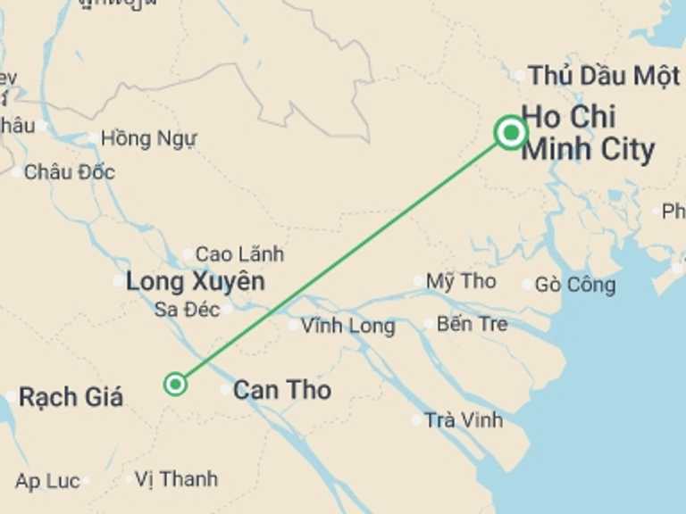 Map itinerary of Ho Chi Minh City Tour in Fall with 2 destination visits for the trip: Mekong Delta Highlights Adventure 2D/1N