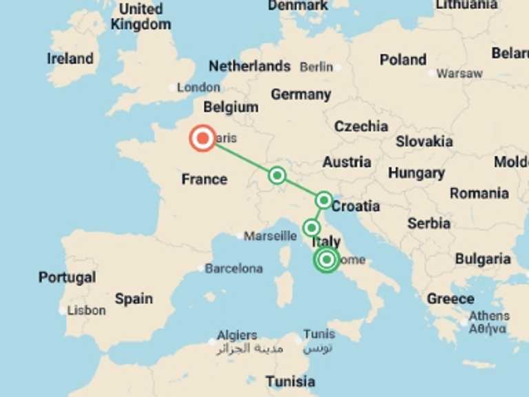 Map itinerary of Europe Tour in August 2026 with 6 destination visits for the trip: European Wonderland