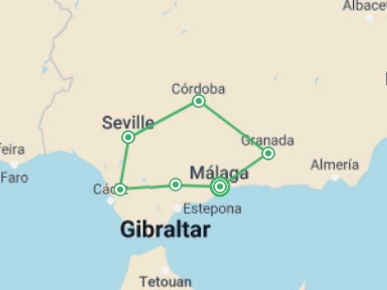 Map itinerary of Spain Tour in February 2026 with 6 destination visits for the trip: Heart Of Andalusia 11 Days, Self-drive