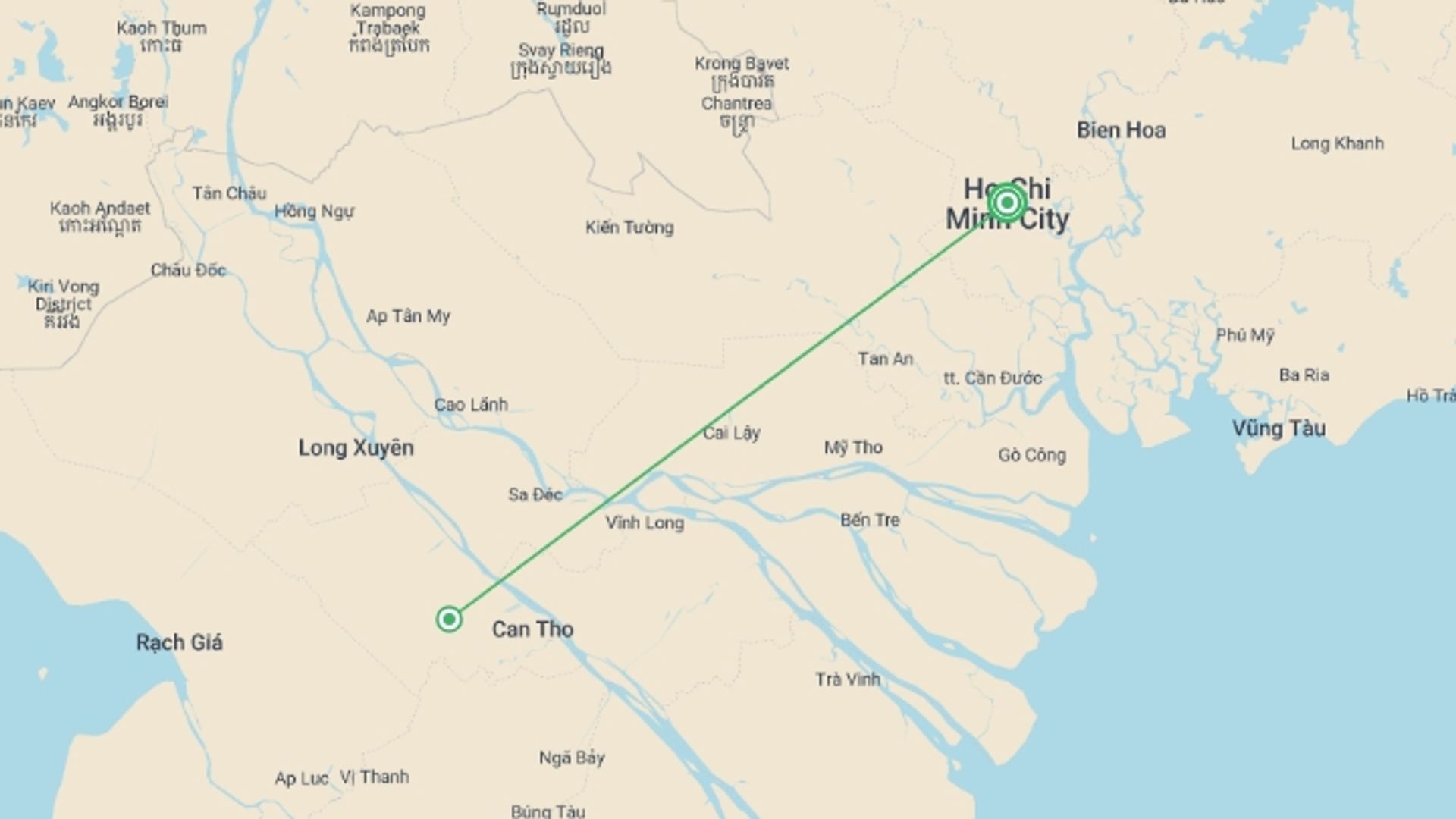 A map showing the tour itinerary for the trip: Ho Chi Minh City & Mekong Uncovered - 5 days, starting in Ho Chi Minh City, Vietnam and ending in Ho Chi Minh City, Vietnam going through 0 other destinations.