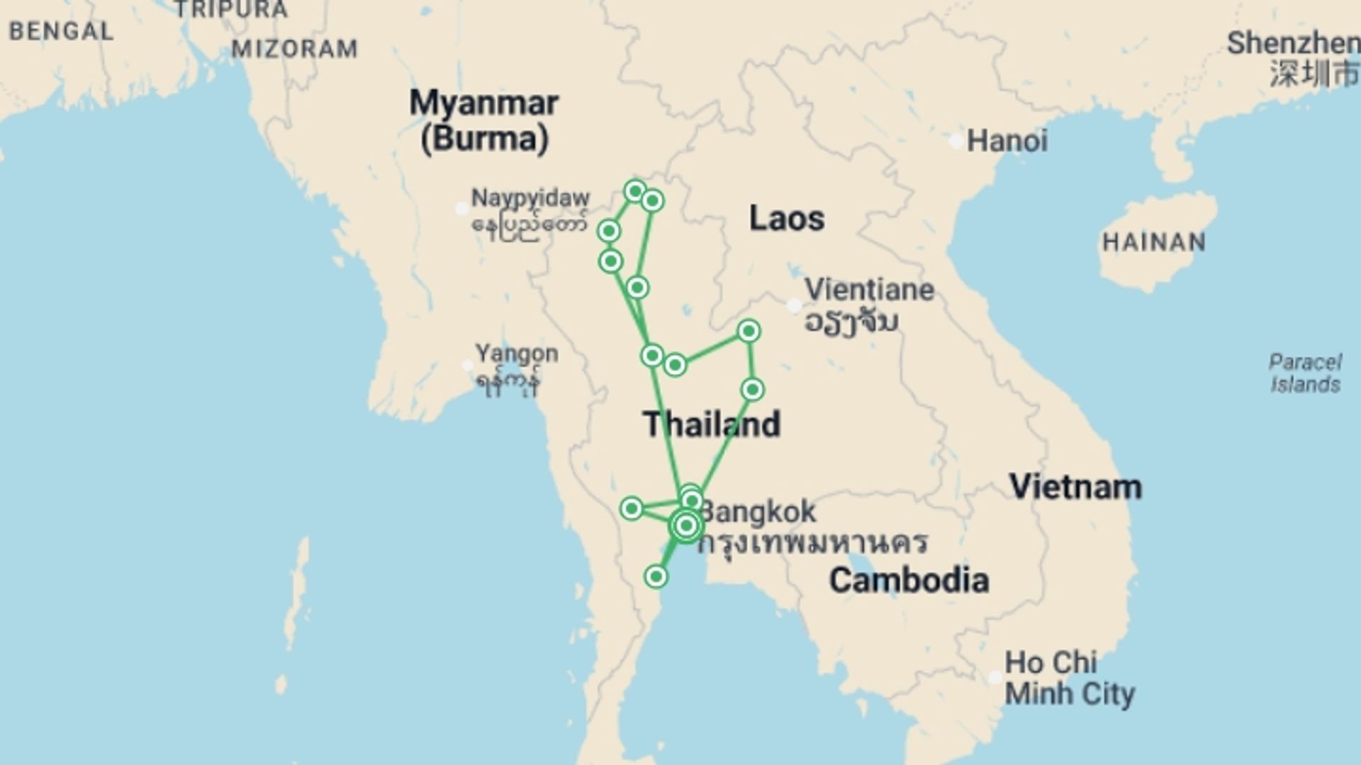 A map showing the tour itinerary for the trip: 15-day Grand Discovery Of Thailand, French-speaking Guide, starting in Bangkok, Thailand and ending in Bangkok, Thailand going through 10 other destinations.
