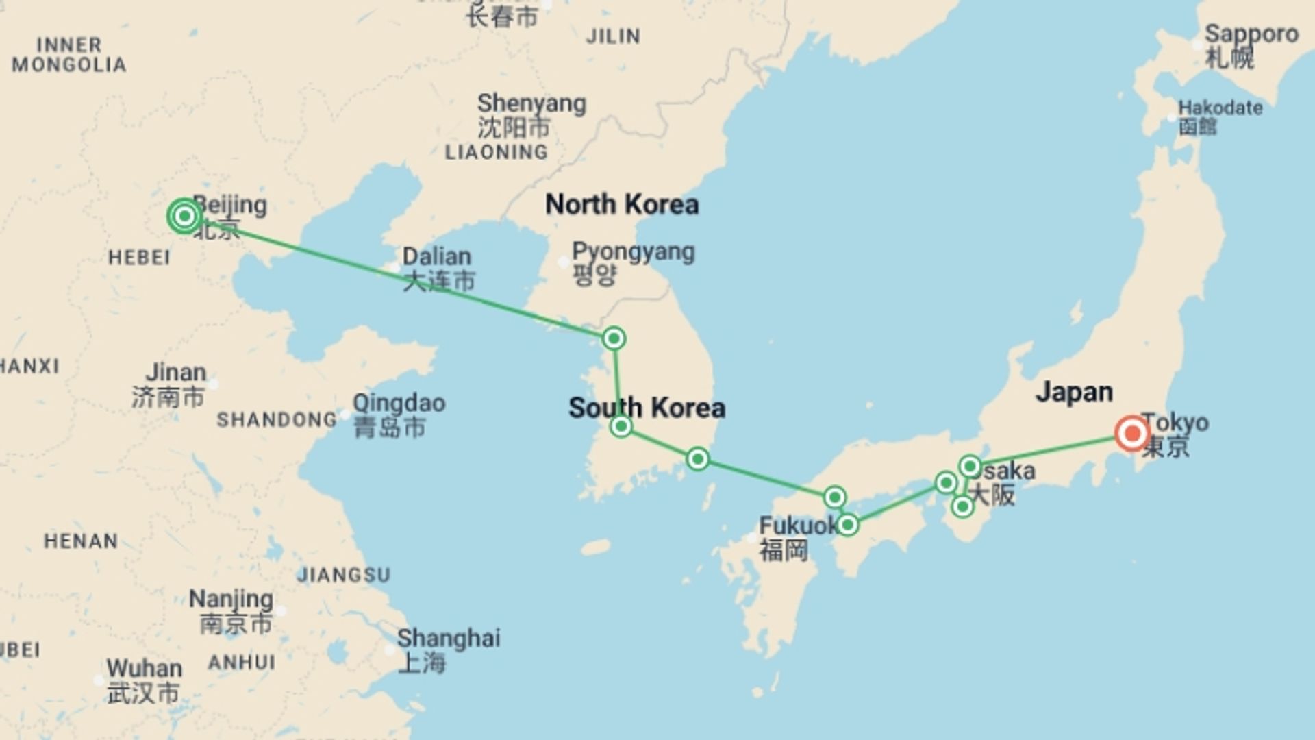 A map showing the tour itinerary for the trip: Beijing and Classics of Korea and Japan End Tokyo, starting in Beijing, China and ending in Tokyo, Japan going through 8 other destinations.