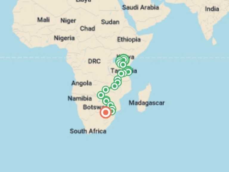 Map of Nairobi Wildlife Tour with 20 destination visits for the trip: 31-day Masai Mara to Victoria Falls  Kruger Accommodated