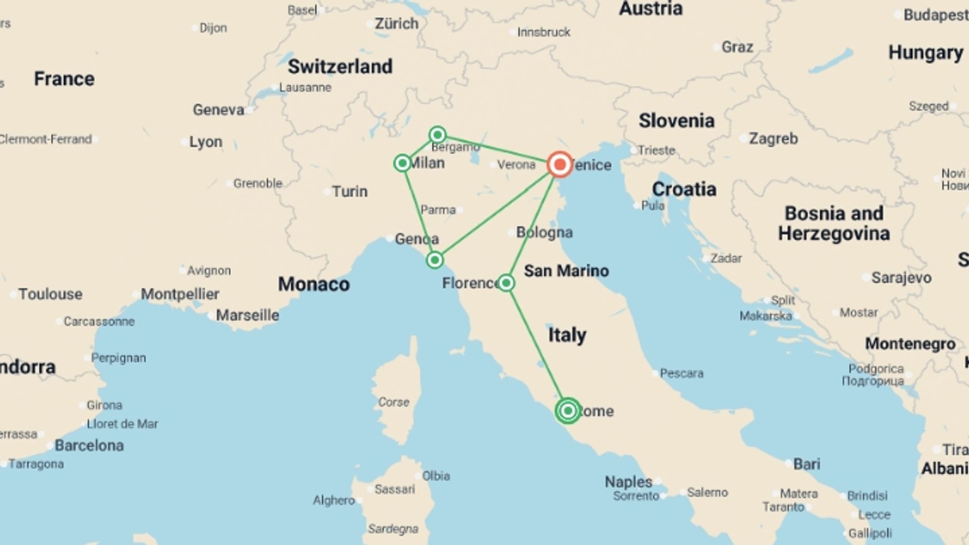 A map showing the tour itinerary for the trip: Incredible Italy - 15 days, starting in Rome, Italy and ending in Venice, Italy going through 4 other destinations.