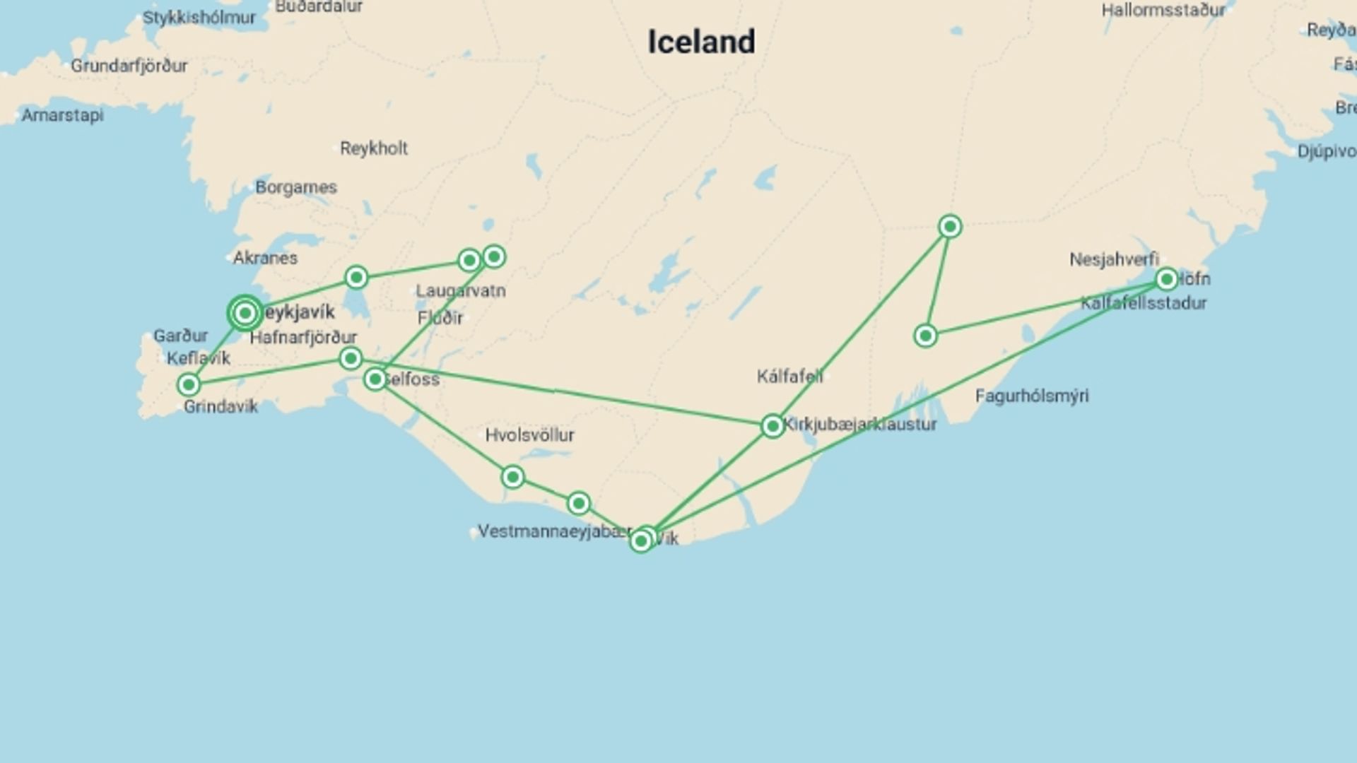 A map showing the tour itinerary for the trip: Iceland Self Drive Express - 6 days, starting in Reykjavik, Iceland and ending in Reykjavik, Iceland going through 2 other destinations.