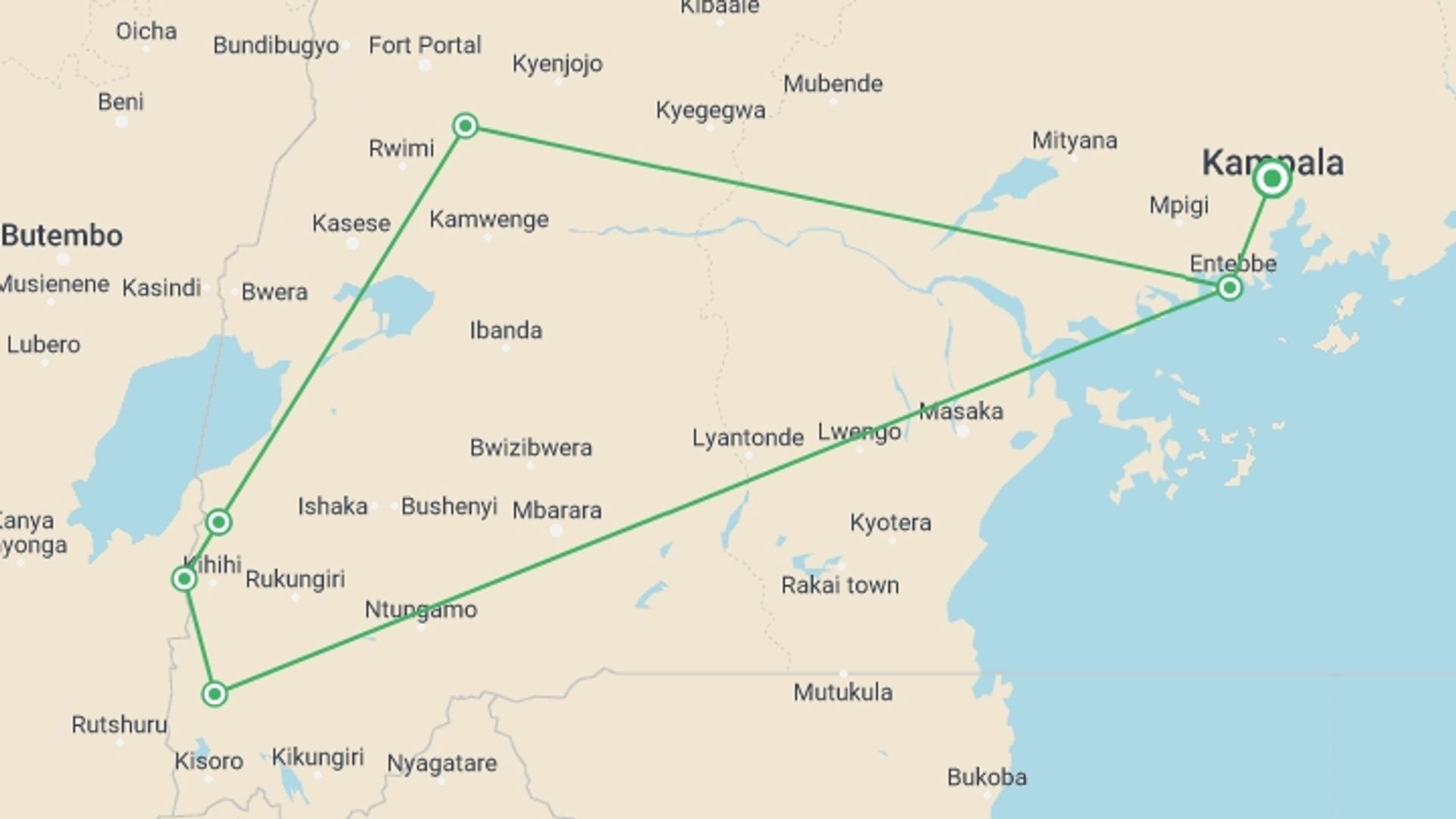 A map showing the tour itinerary for the trip: Best of Western Uganda Safari, starting in Kampala, Uganda and ending in Kampala, Uganda going through 5 other destinations.