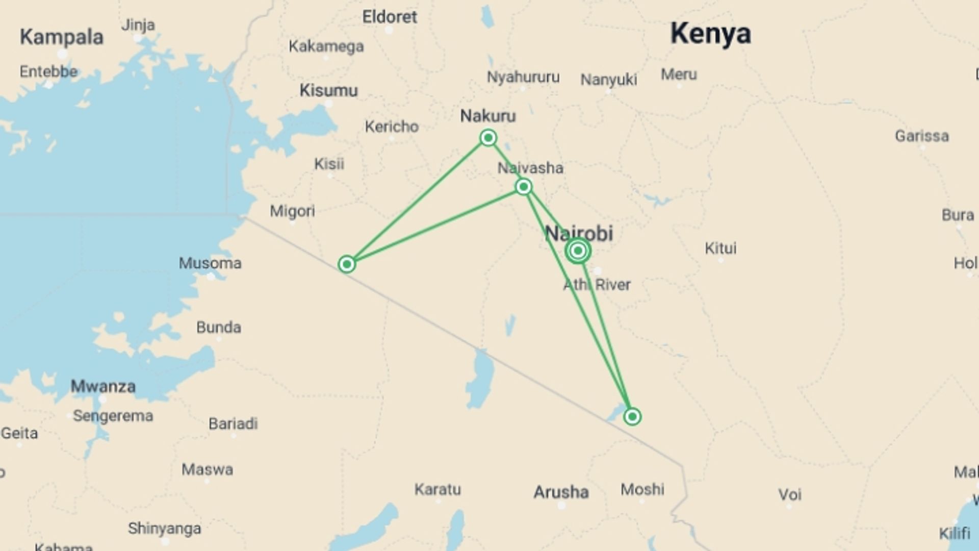 A map showing the tour itinerary for the trip: 7-Day Safari Adventure in Kenya, starting in Nairobi, Kenya and ending in Nairobi, Kenya going through 4 other destinations.