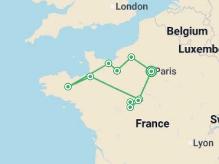 Map of Europe Tour with 3 destination visits for the trip: Best Of France Tour