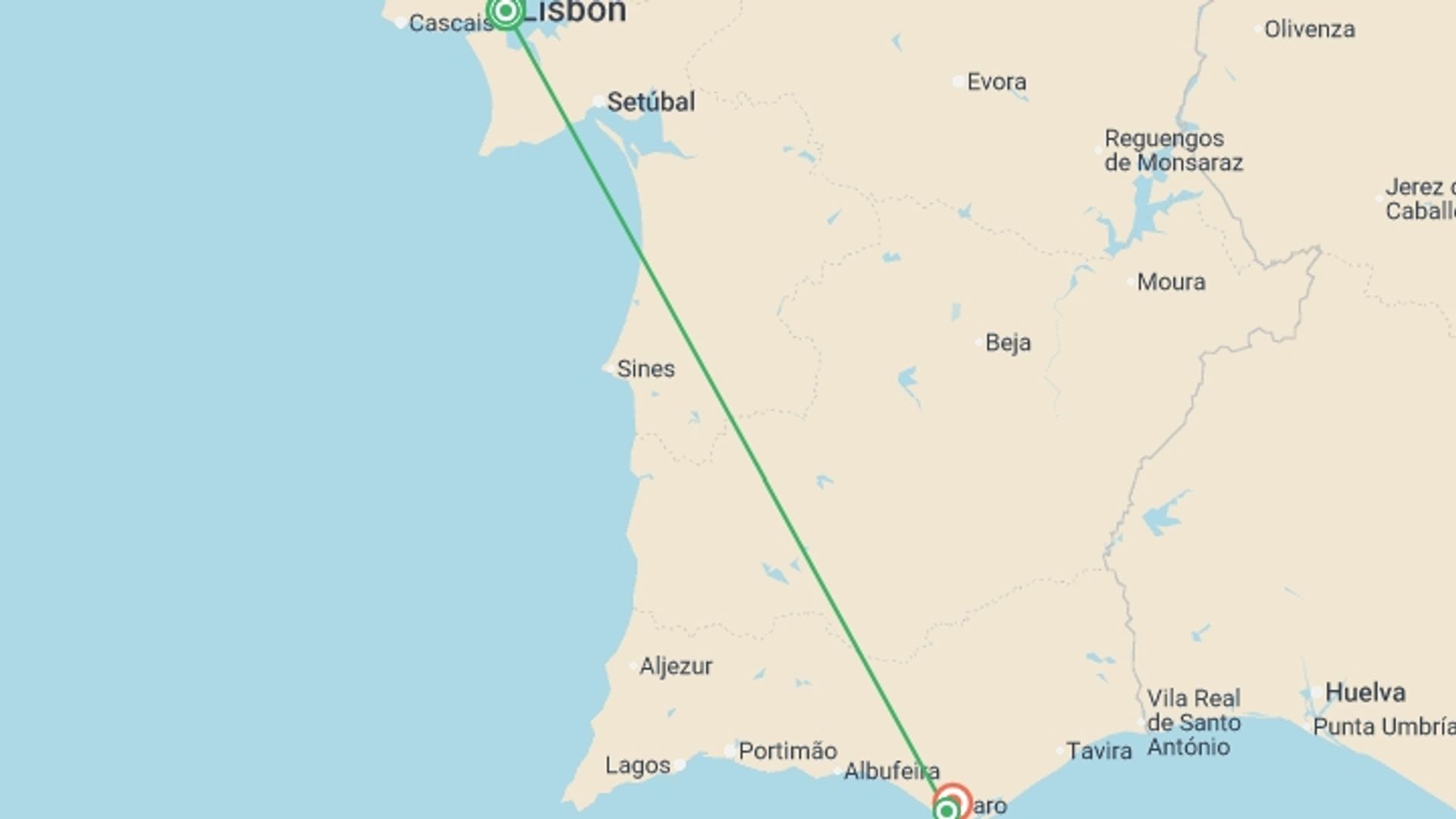 A map showing the tour itinerary for the trip: Best of Lisbon & the Algarve, starting in Lisbon, Portugal and ending in Faro, Portugal going through 1 other destinations.