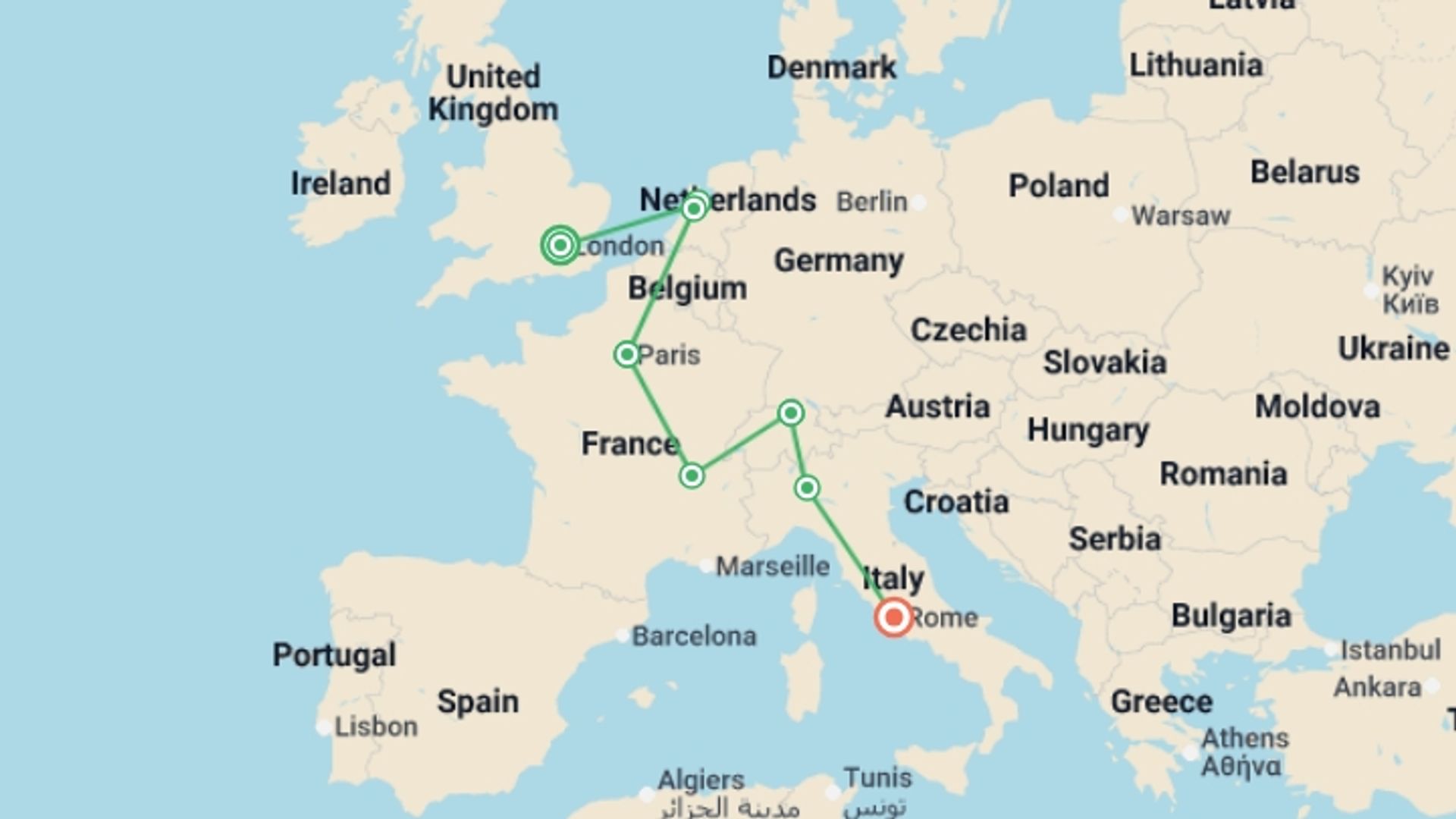 A map showing the tour itinerary for the trip: Trekking Through the Continent with Rome GO, starting in London, England and ending in Rome, Italy going through 6 other destinations.