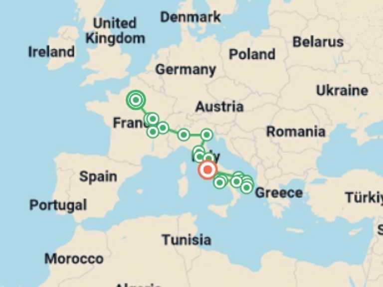 Map of 15-Day Milan Tour with 9 destination visits for the trip: France and Unique Italy