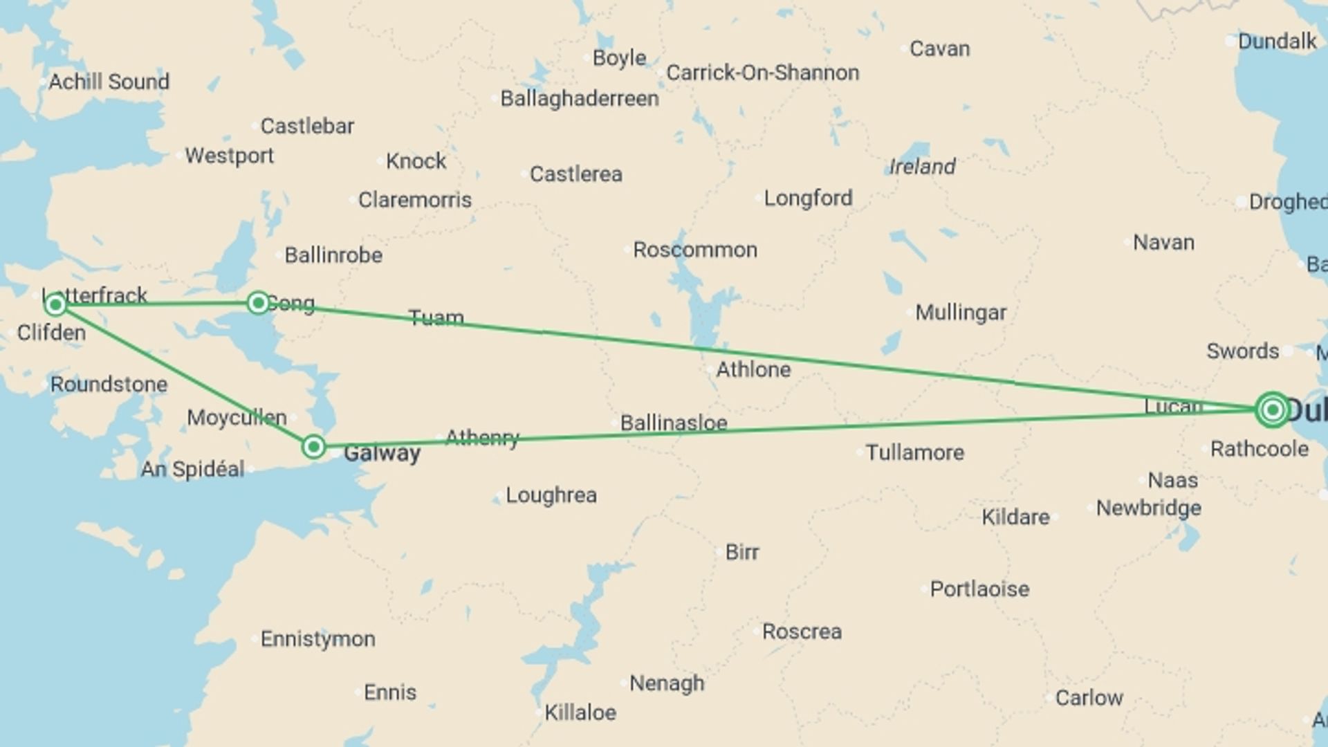 A map showing the tour itinerary for the trip: Best of West Ireland (Hotel) - 3 days, starting in Dublin, Ireland and ending in Dublin, Ireland going through 1 other destinations.