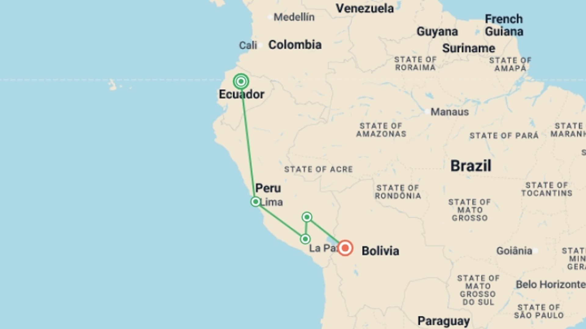 A map showing the tour itinerary for the trip: QUITO to LA PAZ (37 days) Andes & Amazon, starting in Quito, Ecuador and ending in La Paz, Bolivia going through 3 other destinations.