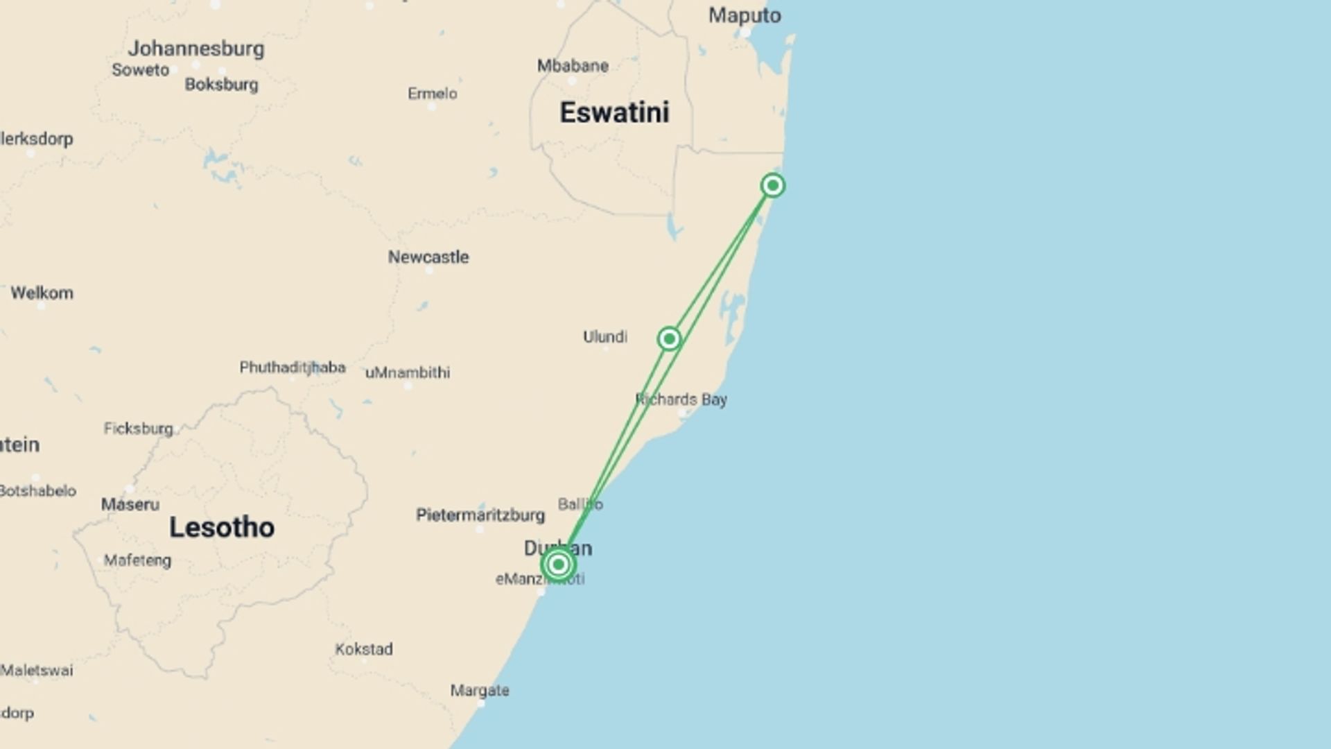A map showing the tour itinerary for the trip: Bush And Beach, starting in Durban, South Africa and ending in Durban, South Africa going through 3 other destinations.