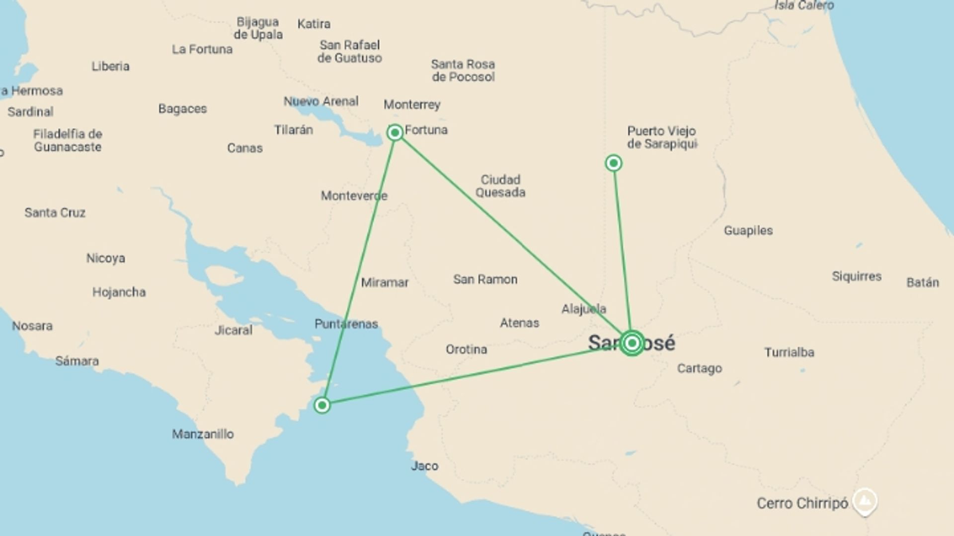 A map showing the tour itinerary for the trip: Jungle and Island Expedition, starting in San Jose, Costa Rica and ending in San Jose, Costa Rica going through 4 other destinations.