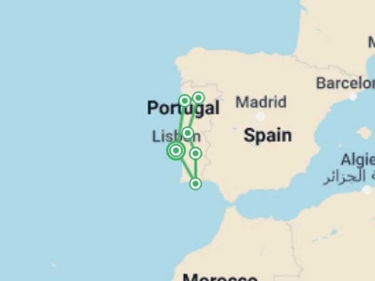 Map of Lisbon Cultural, religious and historic sites Tour with 7 destination visits for the trip: Country Roads of Portugal