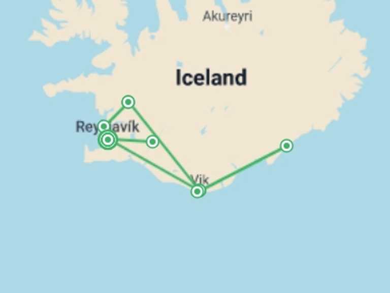 Map itinerary of Reykjavik Tour in June 2027 with 1 destination visits for the trip: Iceland’s Midnight Sun: Glaciers, Geysers, and the Golden Circle 