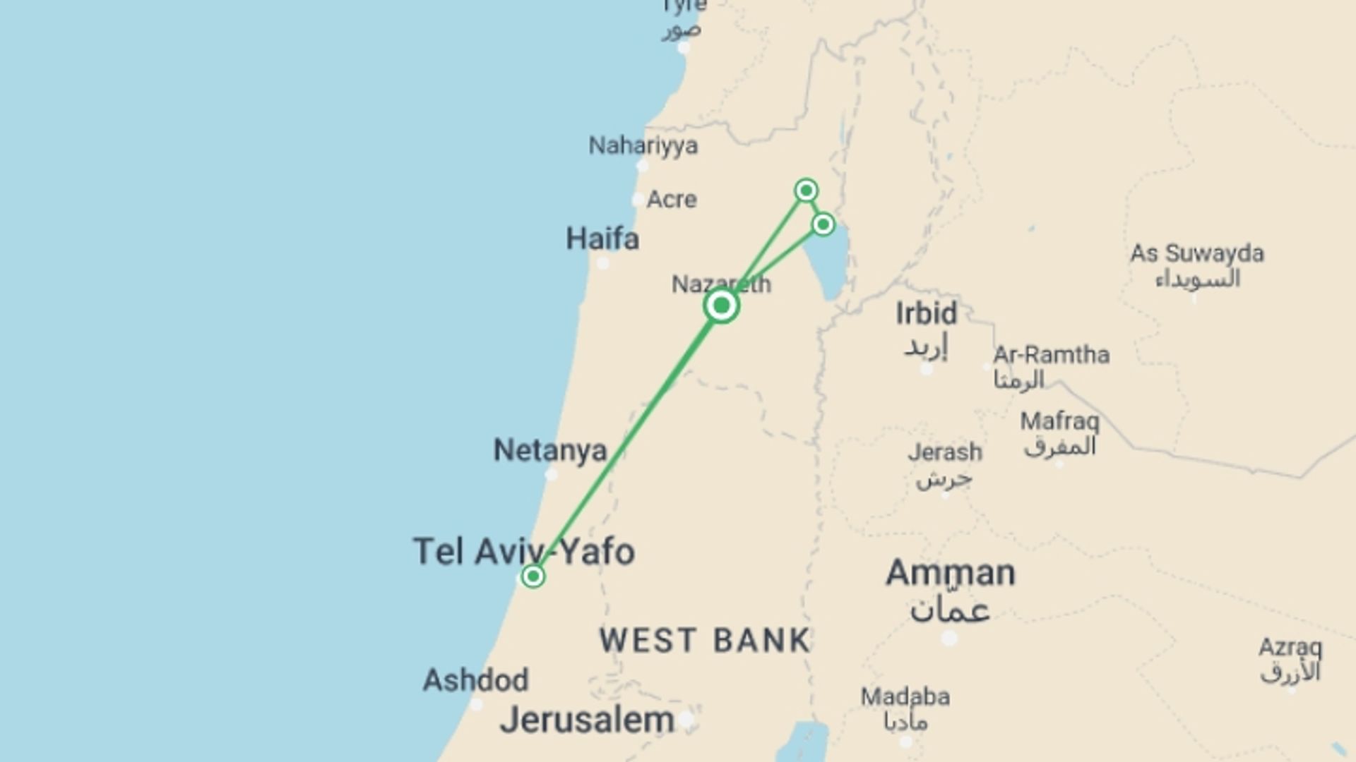 A map showing the tour itinerary for the trip: Nazareth And The Sea Of Galilee, 2 Days From Jerusalem, starting in Nazareth, Israel and ending in Nazareth, Israel going through 2 other destinations.