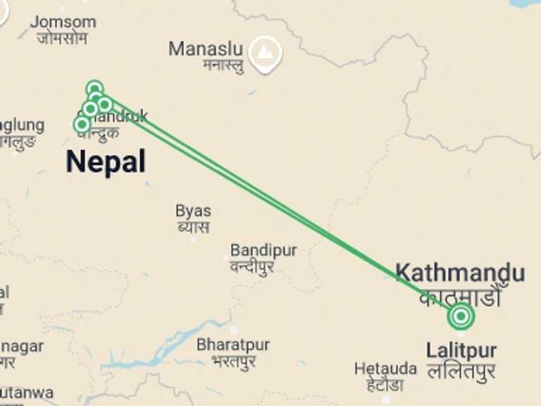 Map of 6-Day Kathmandu Tour with 7 destination visits for the trip: Mardi Himal Trek