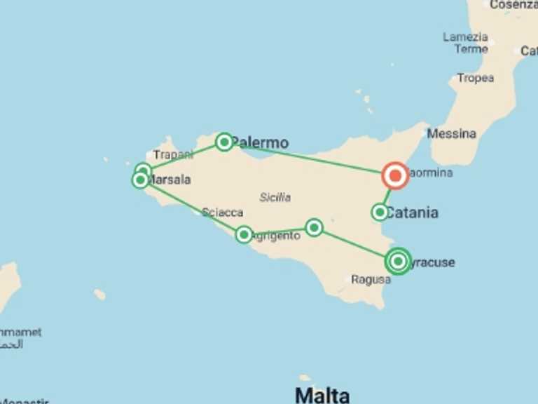 Map itinerary of Europe Tour in September 2026 with 11 destination visits for the trip: Sicily in Depth with Historian Antonio Marretta