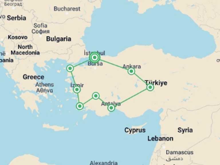 Map of 15-Day Europe Tour with 8 destination visits for the trip: Glories of Turkey - Small Group Tour