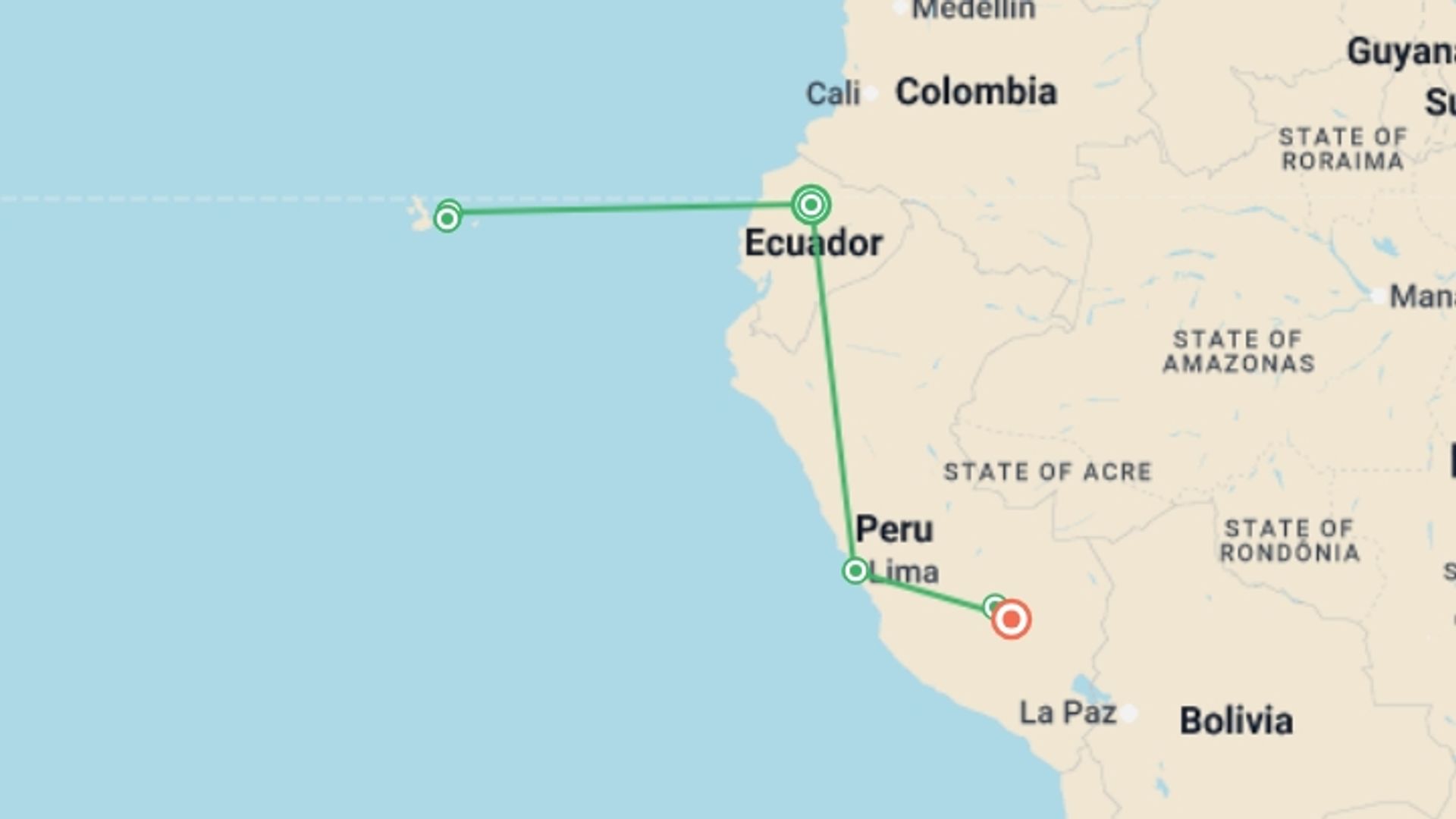 A map showing the tour itinerary for the trip: Quito, Galapagos & Peru - 11 days, starting in Quito, Ecuador and ending in Cusco, Peru going through 3 other destinations.