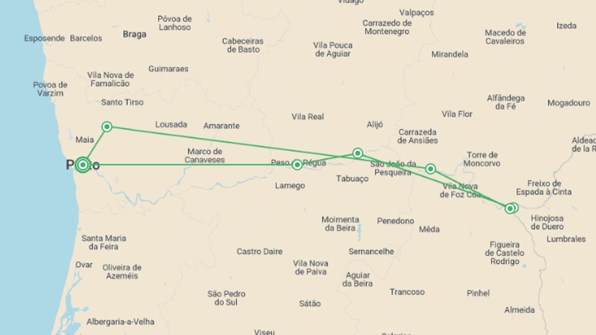 A map showing the tour itinerary for the trip: Family Club: Porto, the Douro valley (Portugal) and Salamanca (Spain) (port-to-port cruise), starting in Porto, Portugal and ending in Porto, Portugal going through 4 other destinations.