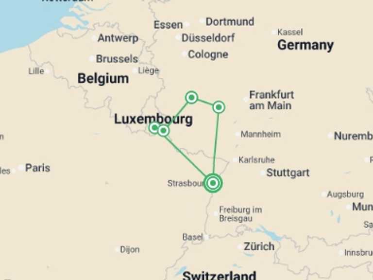 Map itinerary of France Tour in Summer with 5 destination visits for the trip: 4 Rivers: The Neckar, Romantic Rhine, Moselle, and Sarre Valleys
