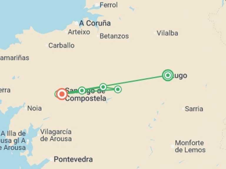 Map itinerary of Mediterranean Tour in August 2026 with 6 destination visits for the trip: Camino de Santiago From Lugo - 7 days