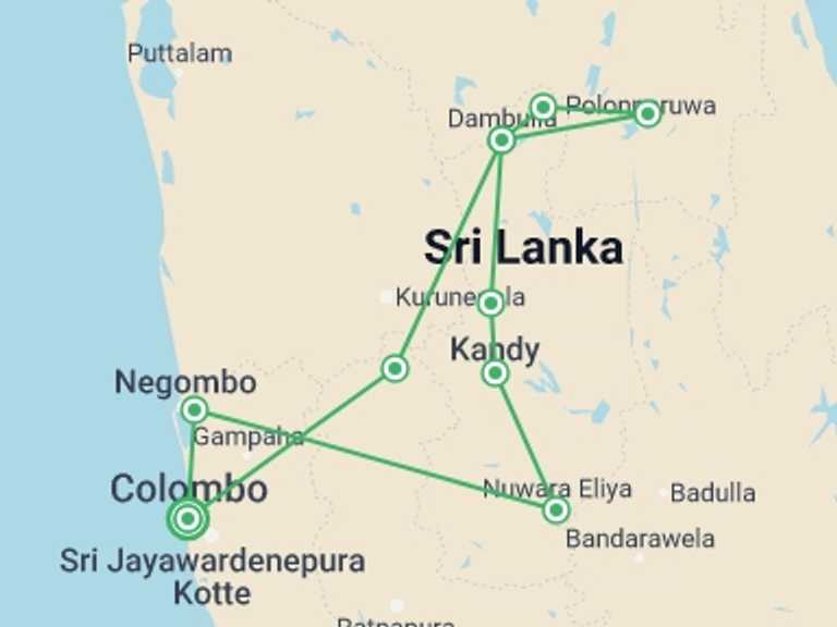 Map itinerary of Sri Lanka Tour in September 2026 with 5 destination visits for the trip: Treasures of Sri Lanka