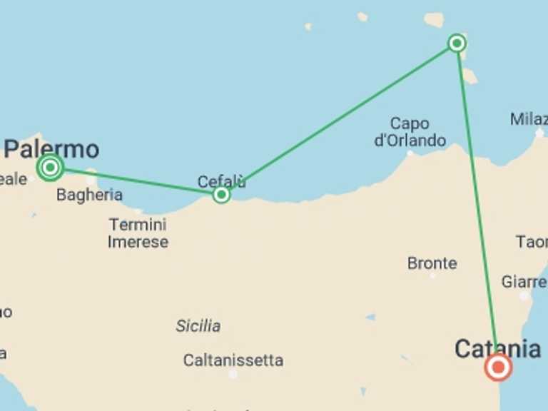 Map of Europe Volcanoes Tour with 4 destination visits for the trip: Northern Sicily: Islands & Volcanoes