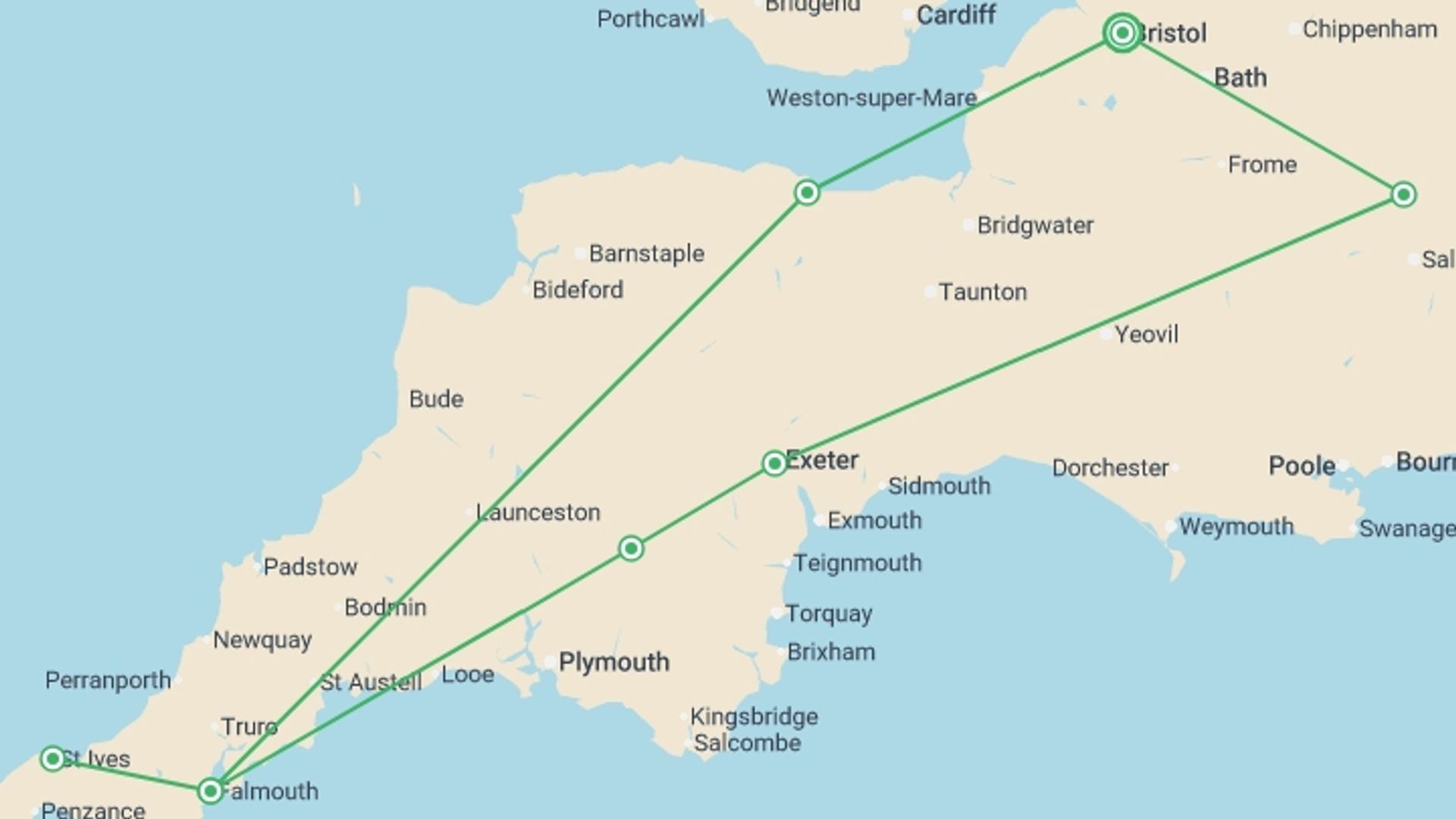 A map showing the tour itinerary for the trip: Southwest England From Bristol (Hotel) - 4 days, starting in Bristol, England and ending in Bristol, England going through 2 other destinations.
