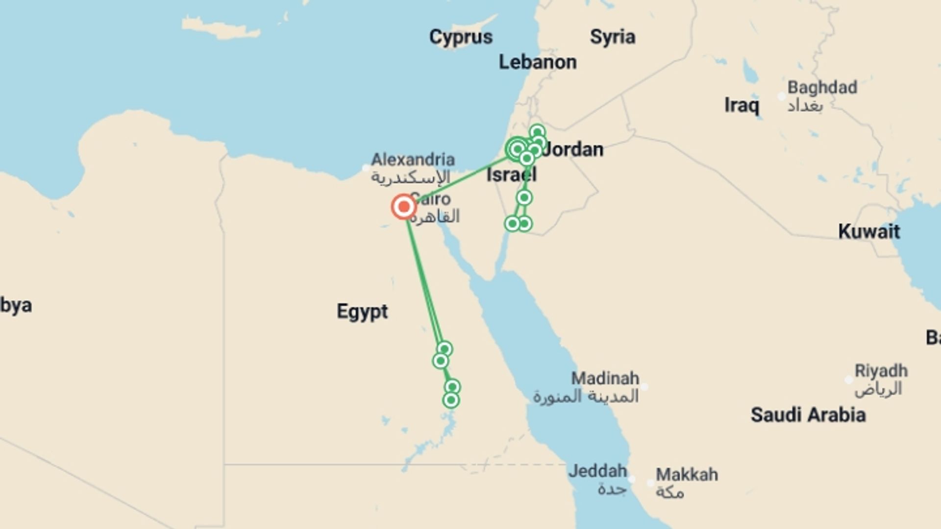 A map showing the tour itinerary for the trip: Wonders of Middle East, starting in Jerusalem, Israel and ending in Cairo, Egypt going through 8 other destinations.