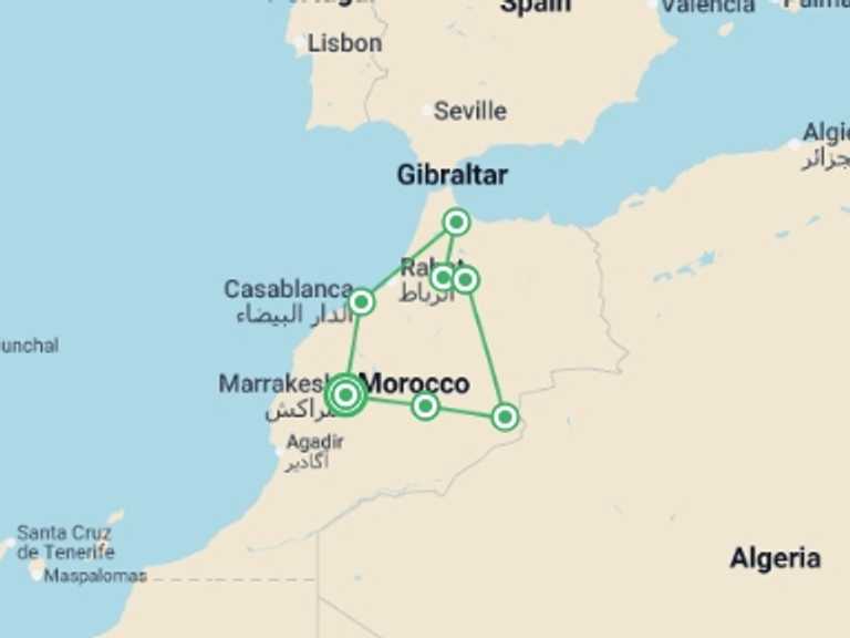 Map itinerary of Casablanca Tour in October 2026 with 6 destination visits for the trip: Morocco Highlights