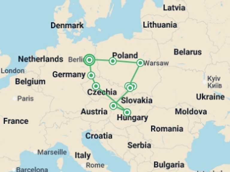 Map of Europe Explorer Tour with 6 destination visits for the trip: Berlin, Prague, Budapest, and Poland