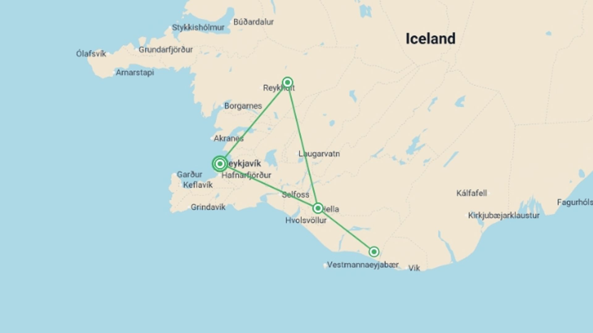 A map showing the tour itinerary for the trip: Iceland: The Snaefellsnes Peninsula, Volcanoes & Hiking Húsafell, starting in Reykjavik, Iceland and ending in Reykjavik, Iceland going through 2 other destinations.